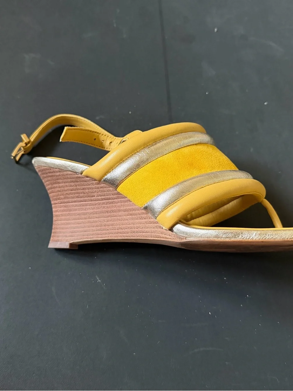 Tory Burch Yellow Suede Wedge Sandal with Gold Accents